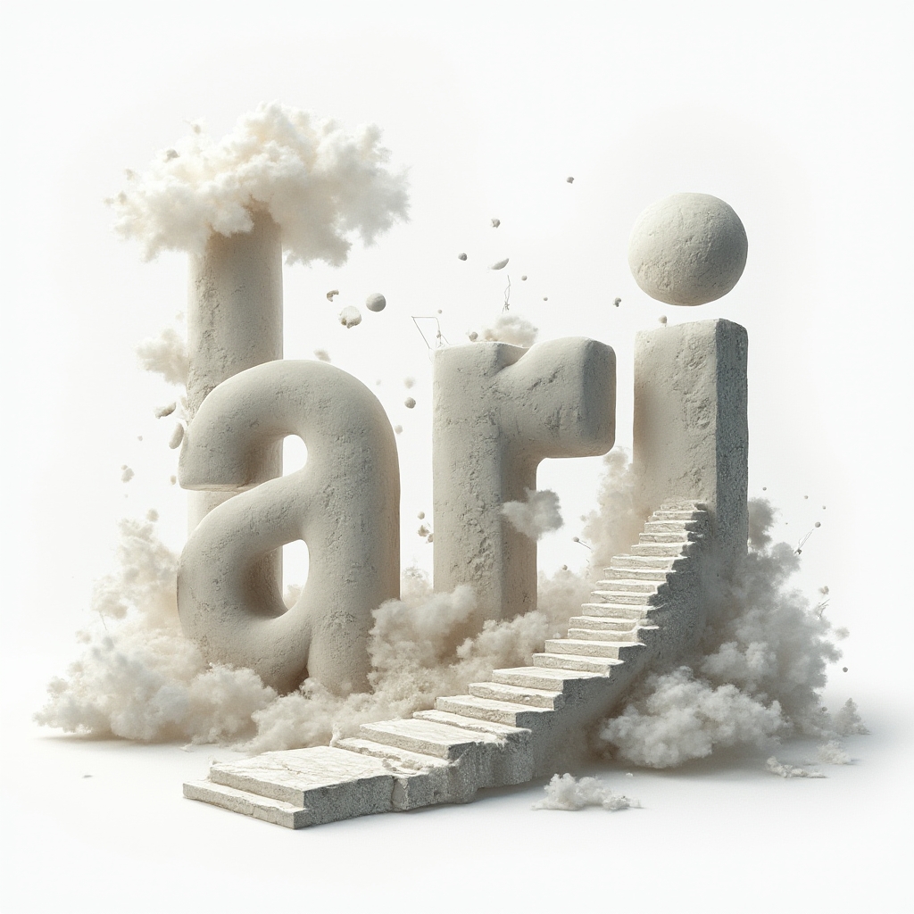 Surreal dreamscape tattoo design where the name ari forms from impossible architectural and fantastical shapes on a white background.