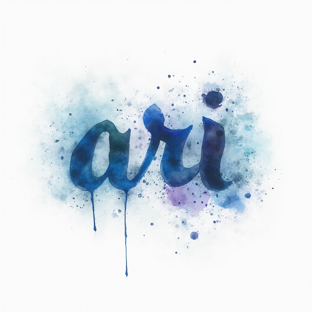 Watercolor nebula-style tattoo design where the name ari is formed by fluid calligraphic letters dissolving into colorful splashes on a white background.