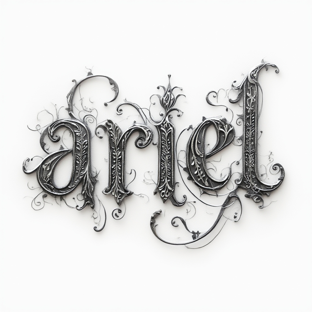 Intricate ornamental black and grey lettering forming the name ariel on a white background.