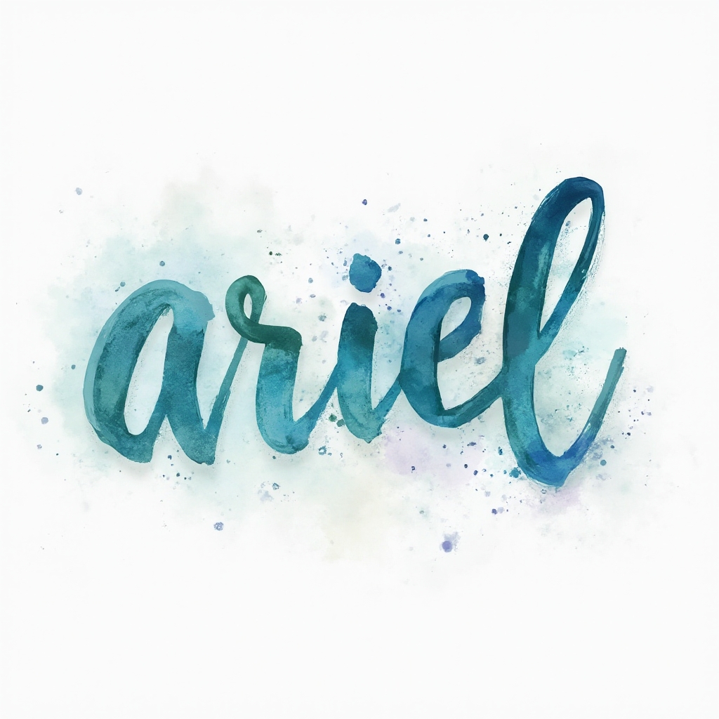 Watercolor-style artistic lettering of the name ariel with blue and teal paint splashes on a white background.