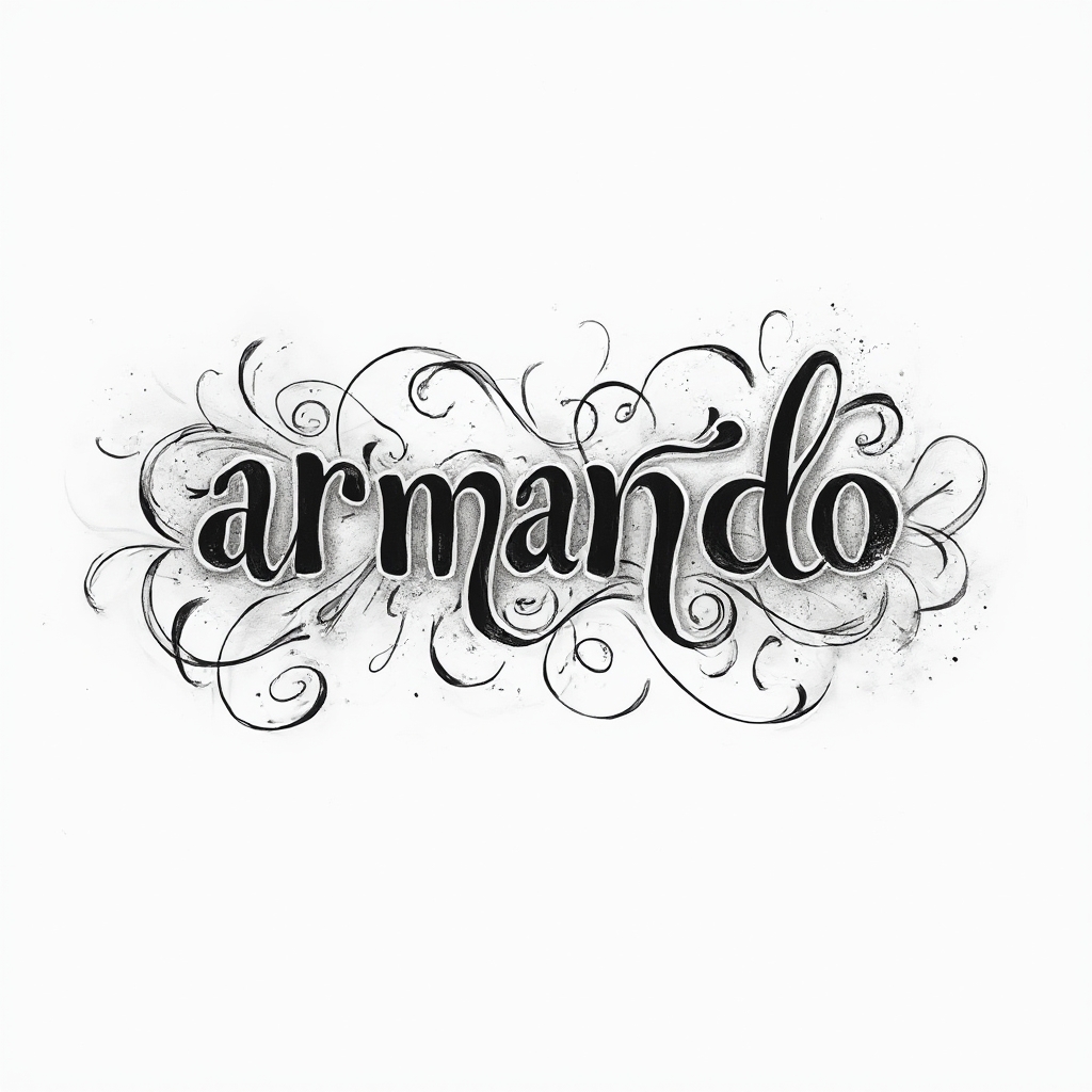 Elegant black ornamental linework tattoo concept forming the name armando on a white background.