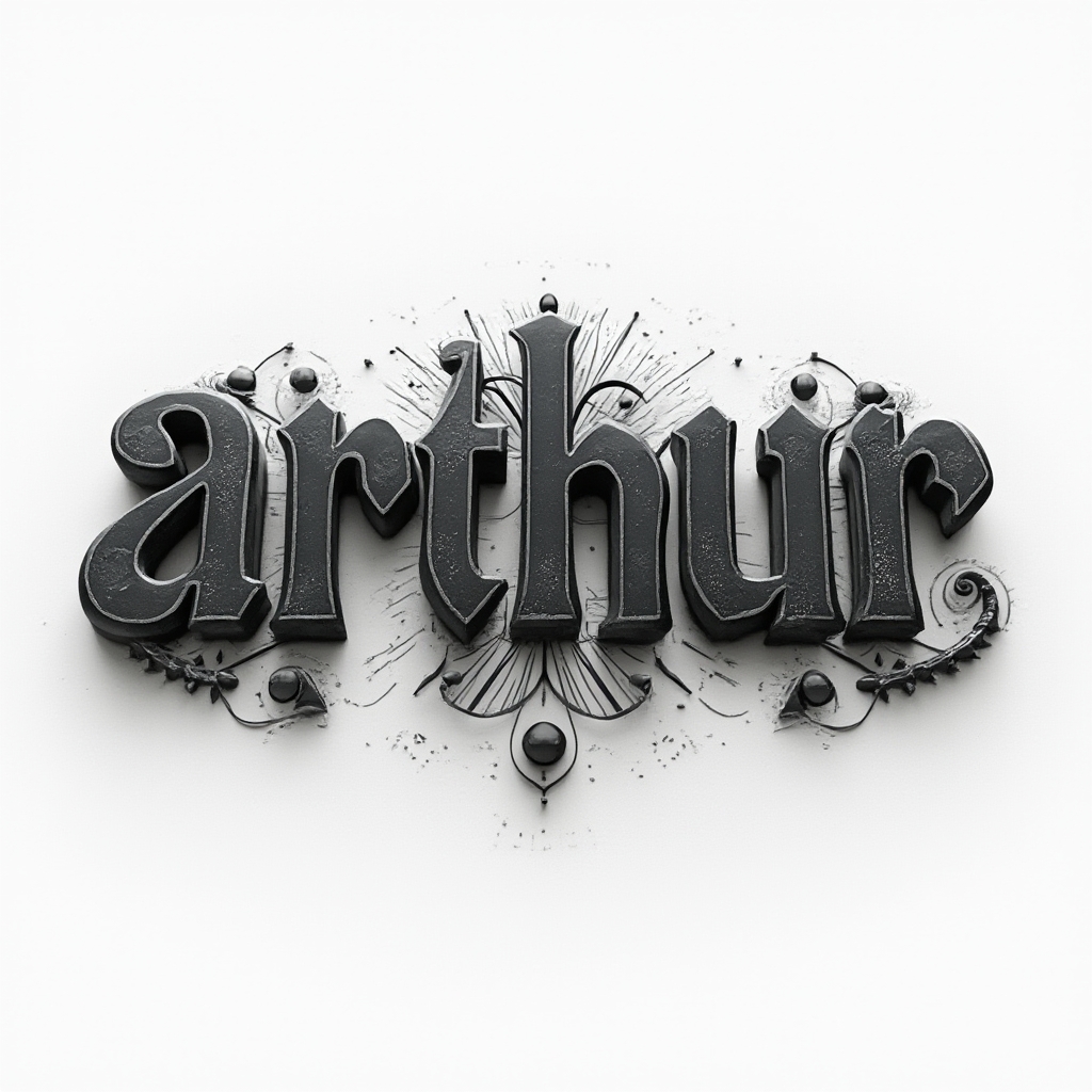monochrome textured tattoo design with carved-looking lettering spelling arthur on a white background.