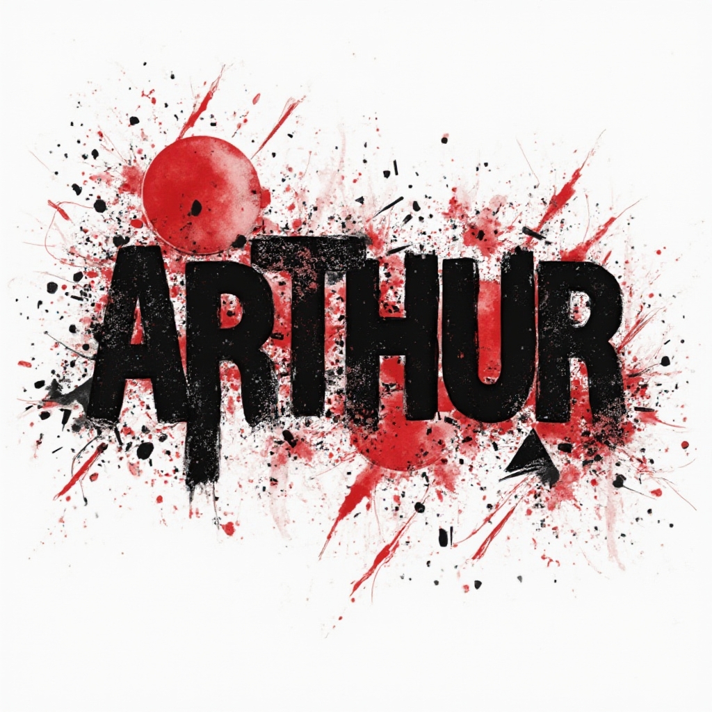 trash polka tattoo concept featuring the name arthur with bold black lettering and red splashes on a white background.
