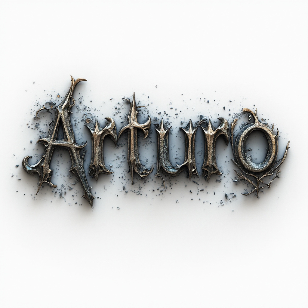 Ornate dimensional glyph-style tattoo concept where the name arturo is built from metallic, carved letterforms on a white background.