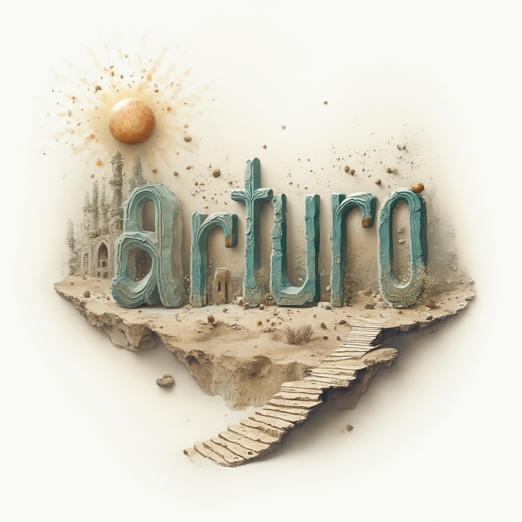 Surreal dreamlike tattoo concept using fragmented and melting structures to shape the name arturo on a white background.