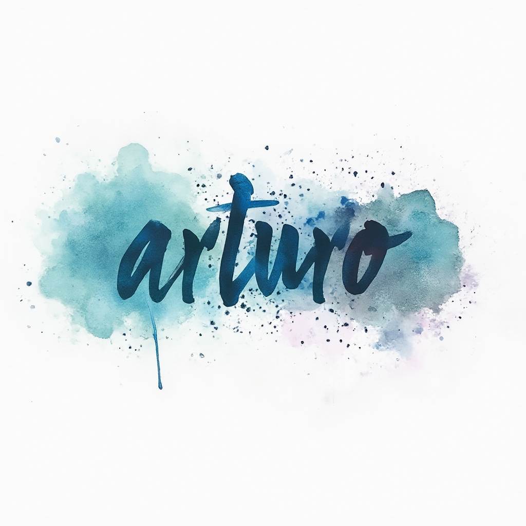 Watercolor-inspired abstract tattoo concept where the name arturo is shaped from fluid multicolored ink splashes on a white background.