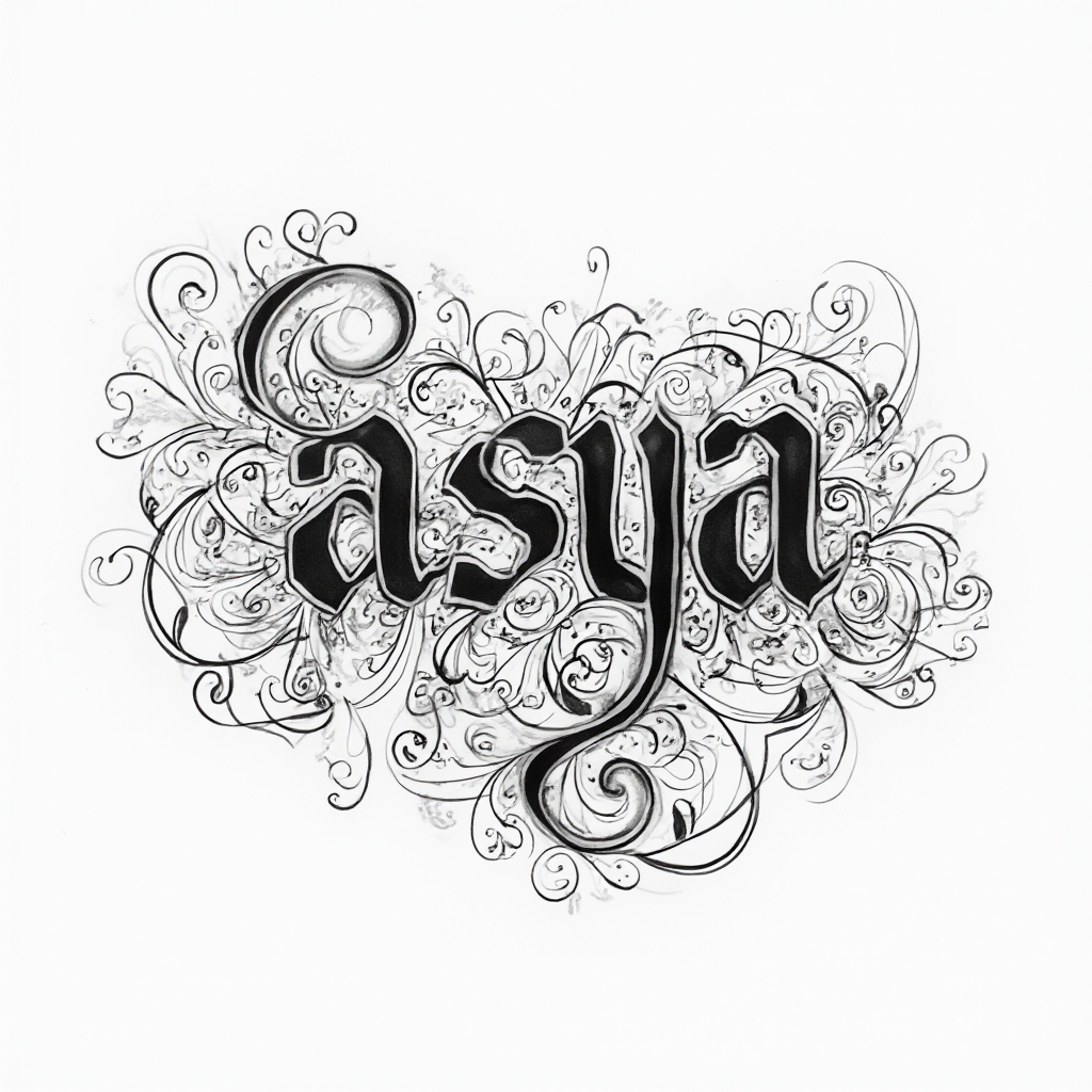 Ornamental black-line tattoo concept where the name asya is formed from intricate flowing filigree on a white background.