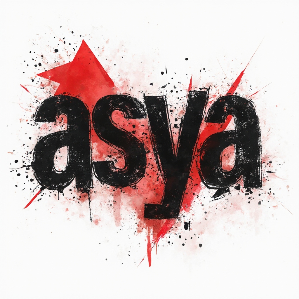 Trash Polka tattoo concept showing the name asya made from distressed black strokes and red geometric accents on a white background.