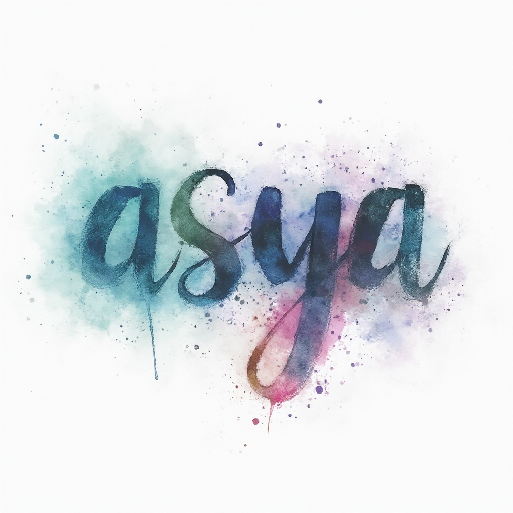 Watercolor tattoo concept where the name asya is formed from flowing calligraphic strokes and colorful paint splashes on a white background.
