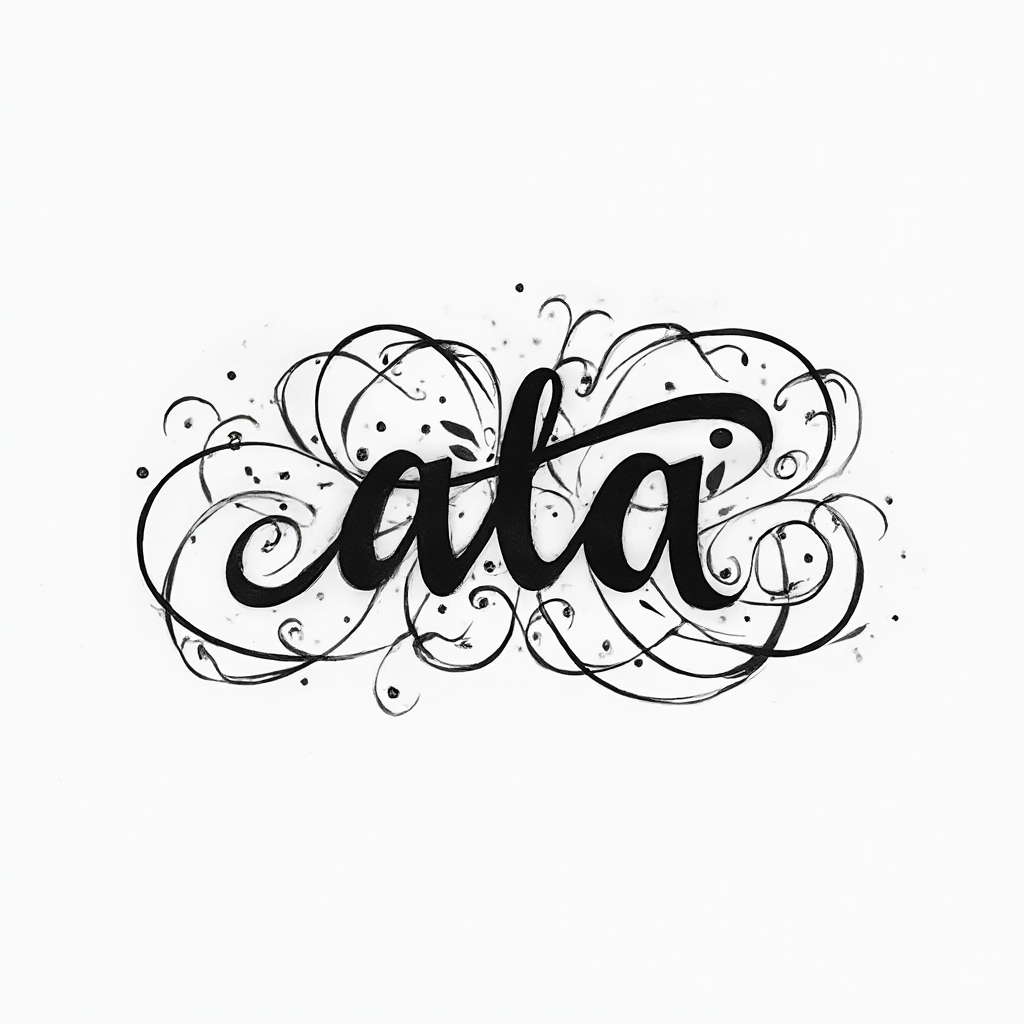 Monochrome tattoo concept where the name ata is created by a single flowing black line with ornamental curves on a white background.
