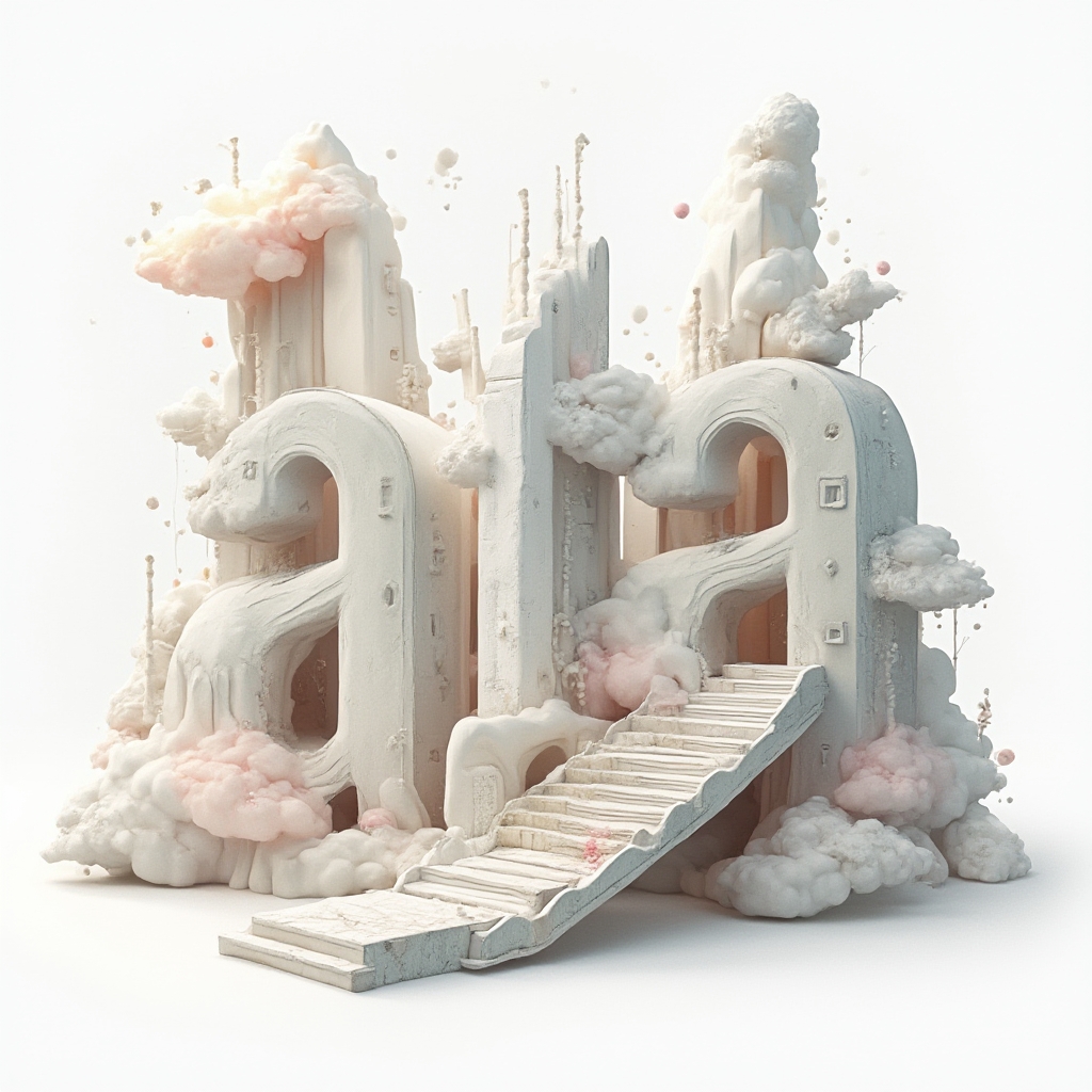 Surreal tattoo concept where the name ata is built from melting architectural letters and floating dreamlike elements on a white background.