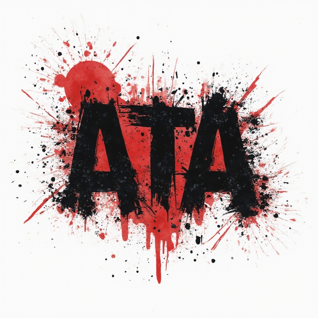 Trash Polka tattoo concept where the name ata appears in jagged black and red lettering with splatters and geometric fragments on a white background.