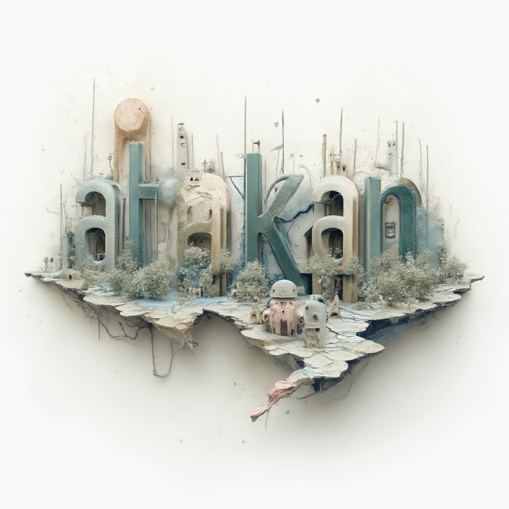 Surreal tattoo concept where the name atakan is shaped from floating, melting structures in a dreamlike composition on a white background.