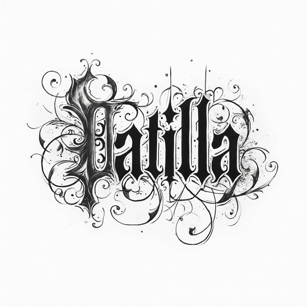 Ornamental black-ink tattoo concept where the name atilla is formed from intricate flourishes on white.