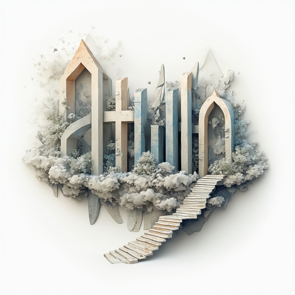 Surreal tattoo concept where the name atilla is formed by dreamlike, impossible structures on white.