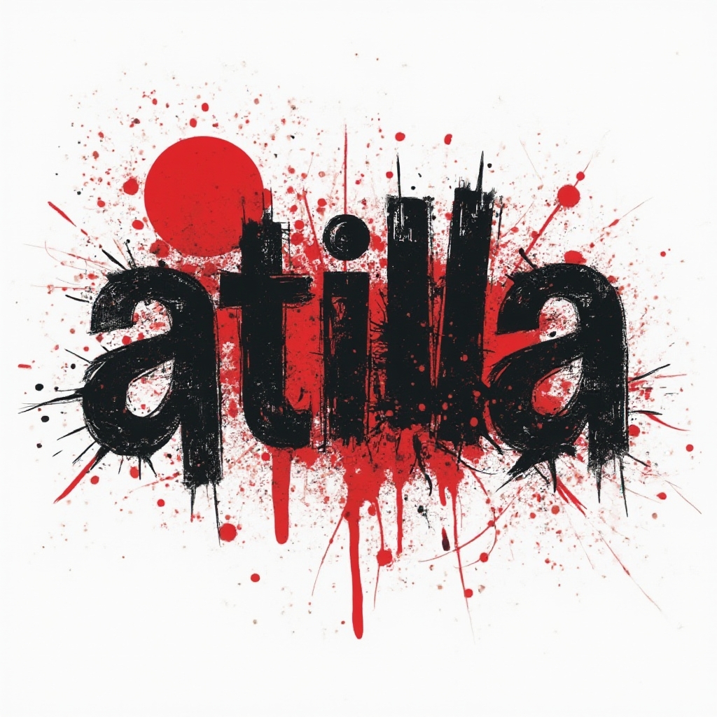 Trash Polka tattoo artwork with the name atilla in fragmented black and red graphic elements on white.