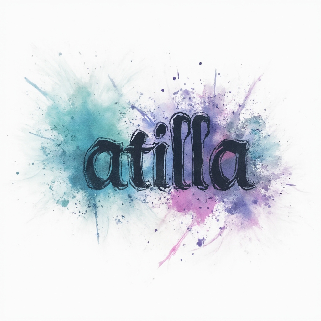 Watercolor tattoo concept of the name atilla with splash and drip effects on white background.