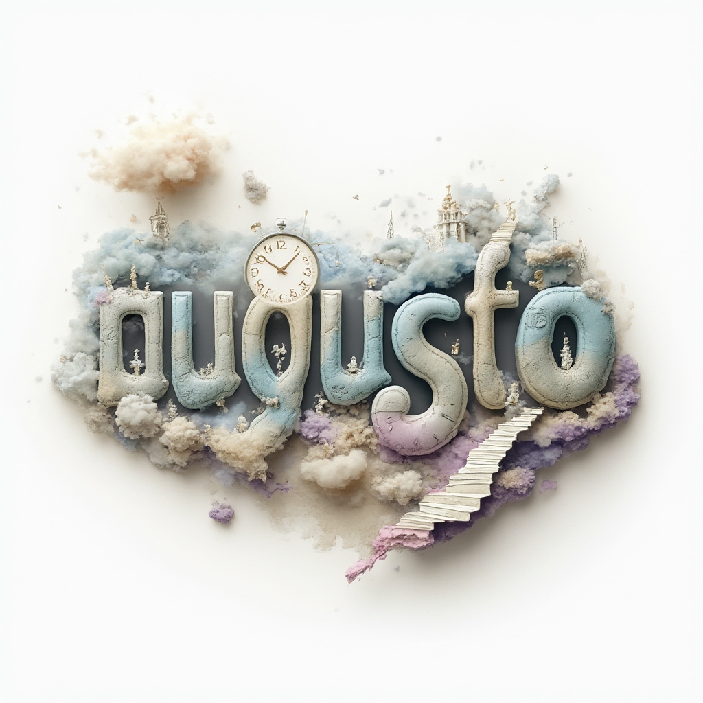 Surrealist tattoo concept where the name augusto becomes a floating dreamscape of abstract letterforms on a white background.