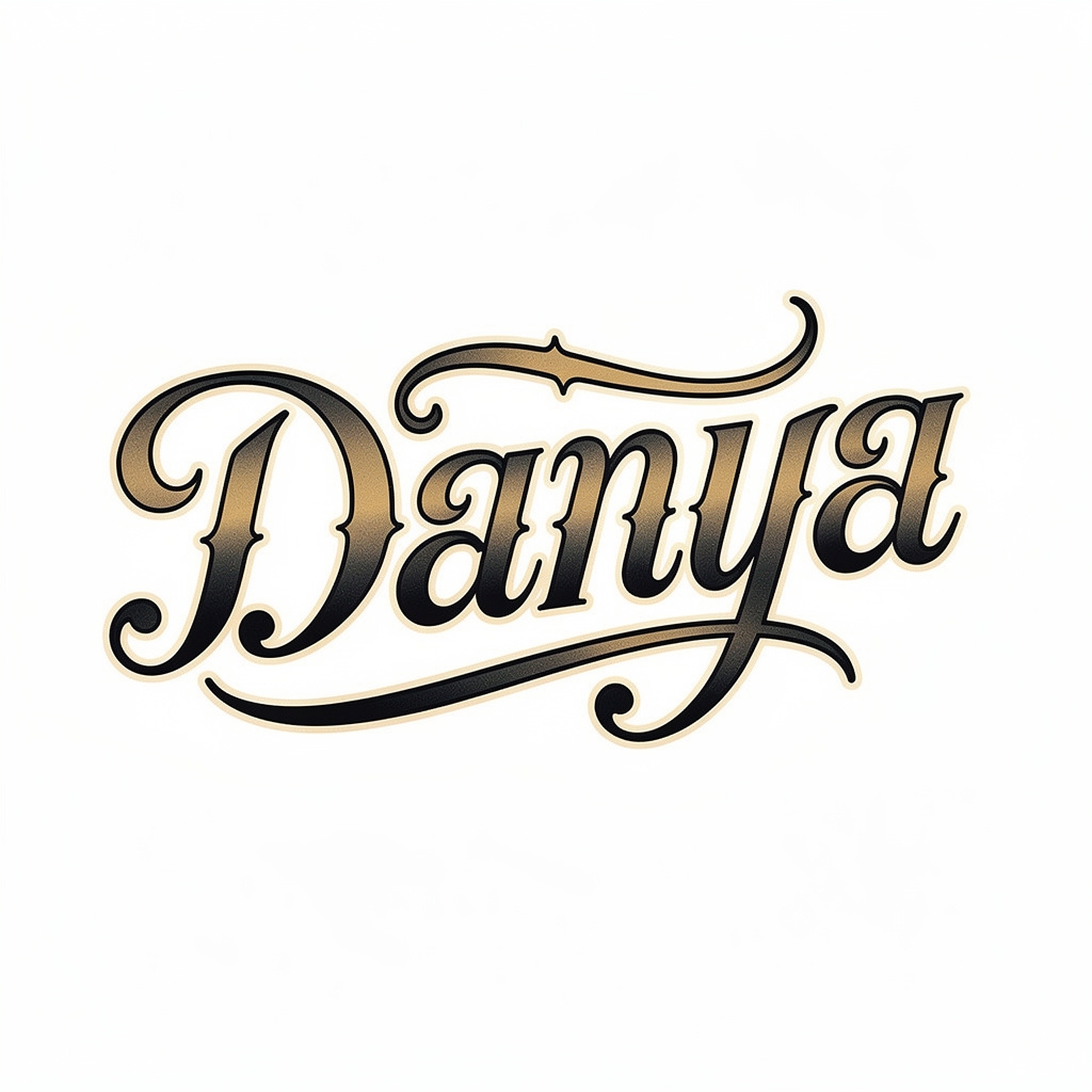 Neo-traditional inspired Auralux tattoo design of the name Danya with glowing fine-line lettering on white.