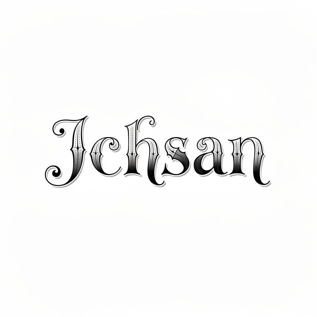 Ornamental black ink tattoo-style design of the name Ichsan on white.