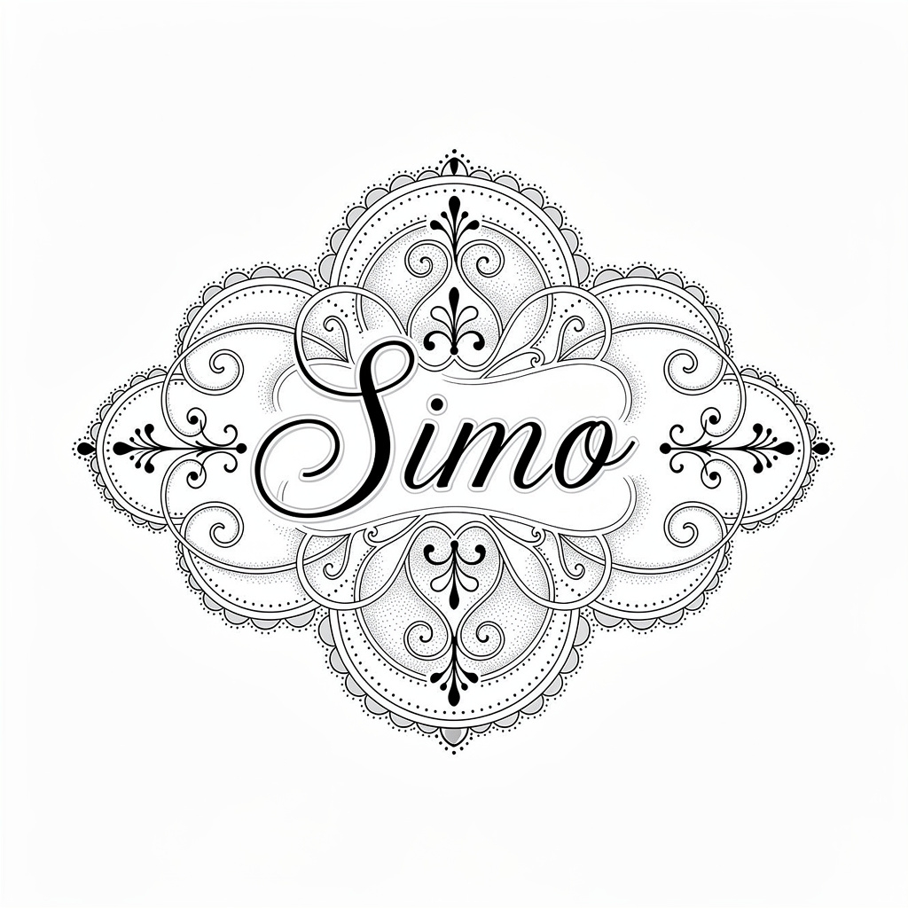 Ornamental fine-line tattoo artwork of the name Simo on a white background.