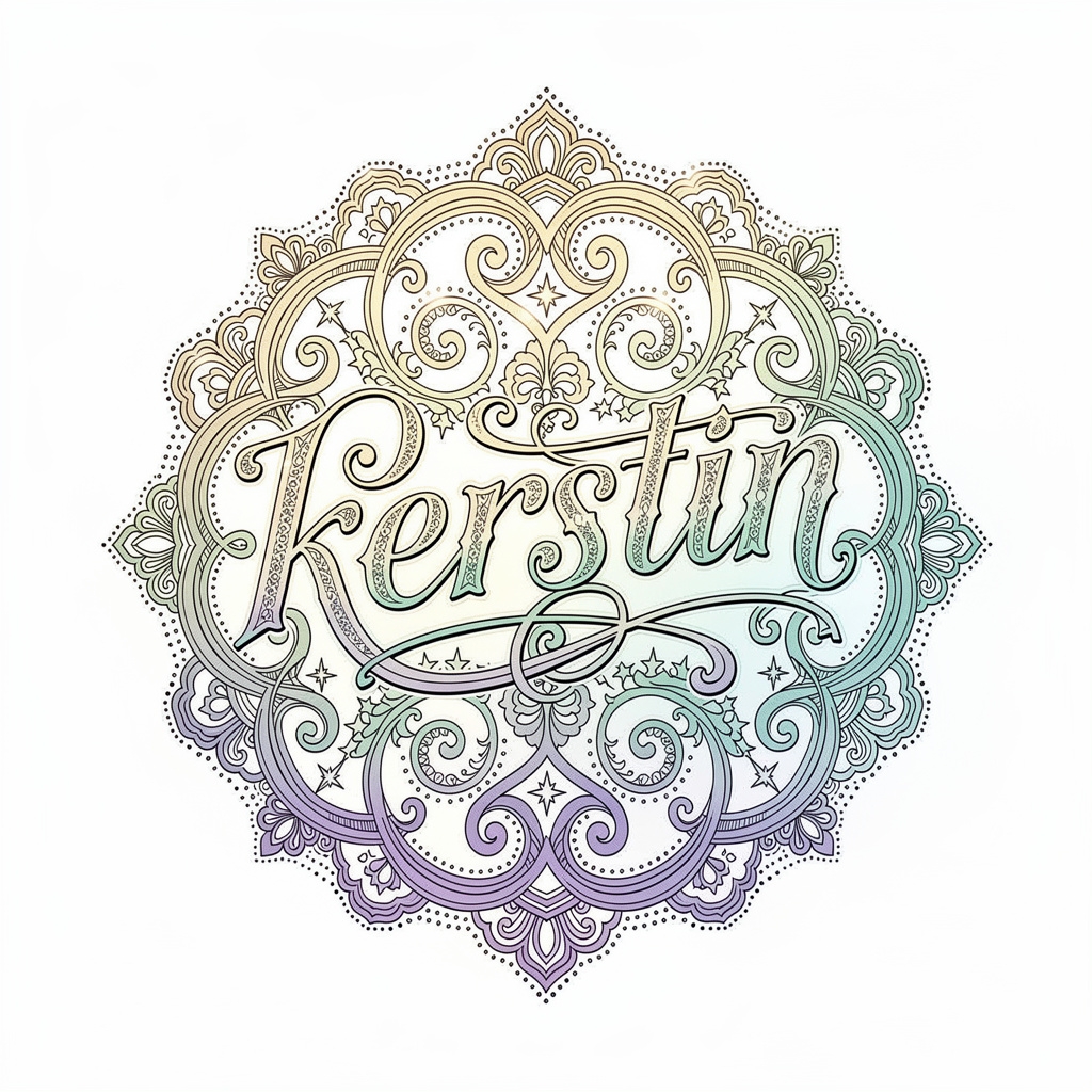 Intricate ornamental tattoo design where the name Kerstin is woven into luminous filigree on white.