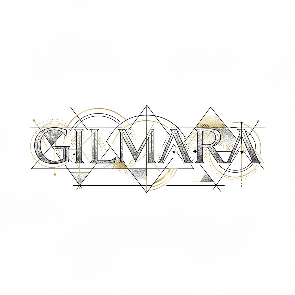 Geometric fine-line tattoo-style design spelling Gilmara in black and gold on white.
