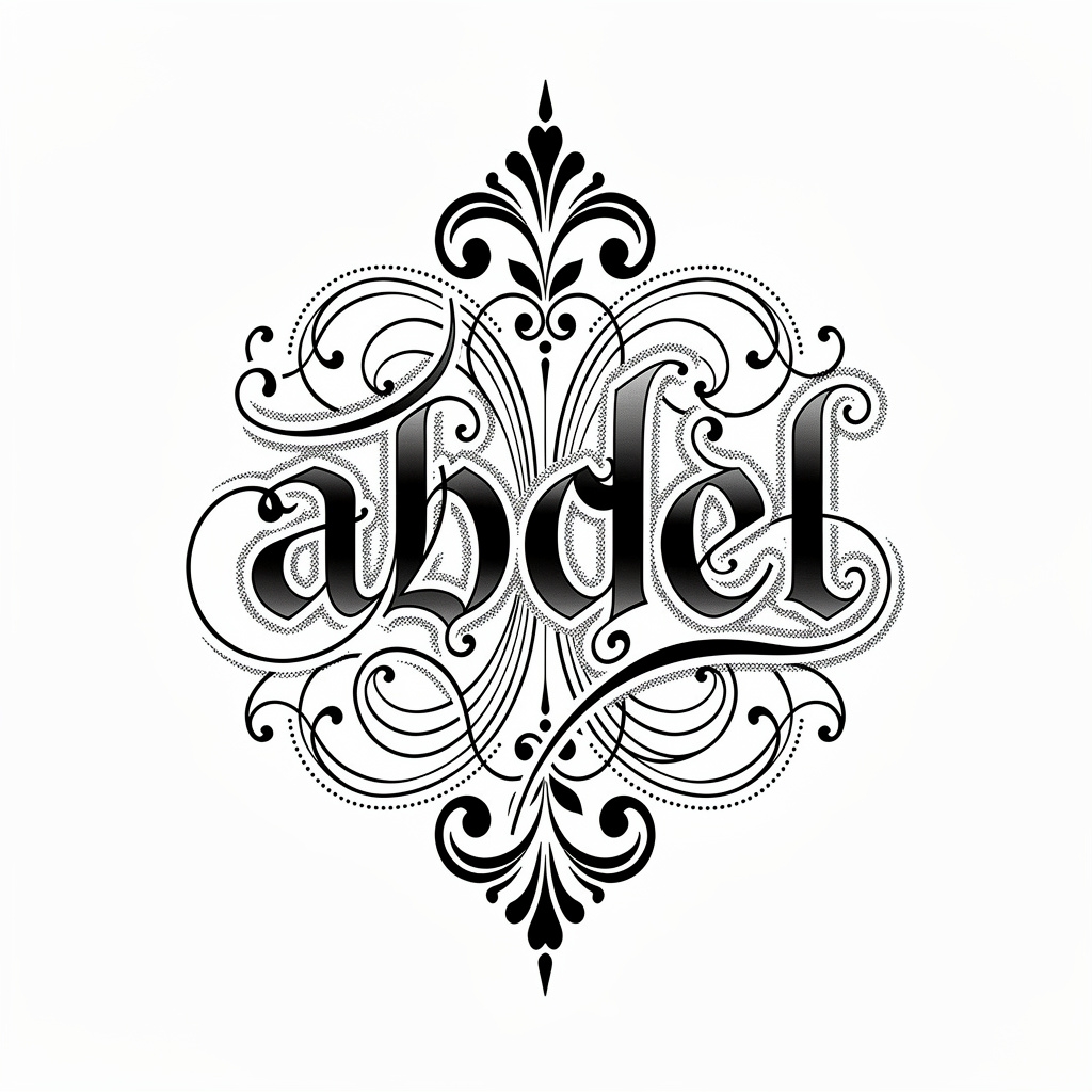 Ornamental blackwork fusion tattoo of the name Abdel on a white background