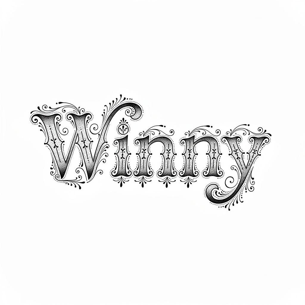 Ornamental fine-line tattoo design spelling Winny with filigree scrolls on a white background.