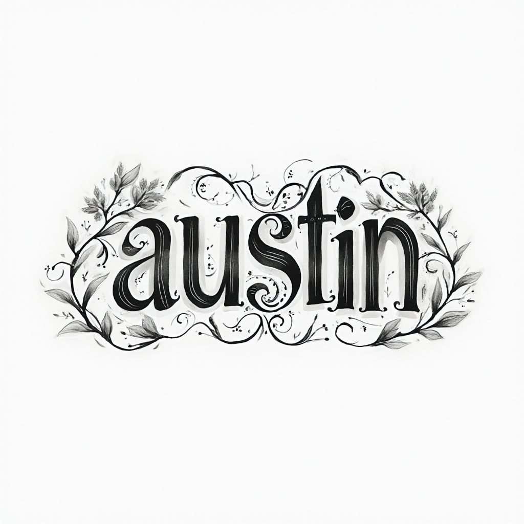 Ornamental black and gray tattoo concept of the name austin with filigree and dotwork on white background.