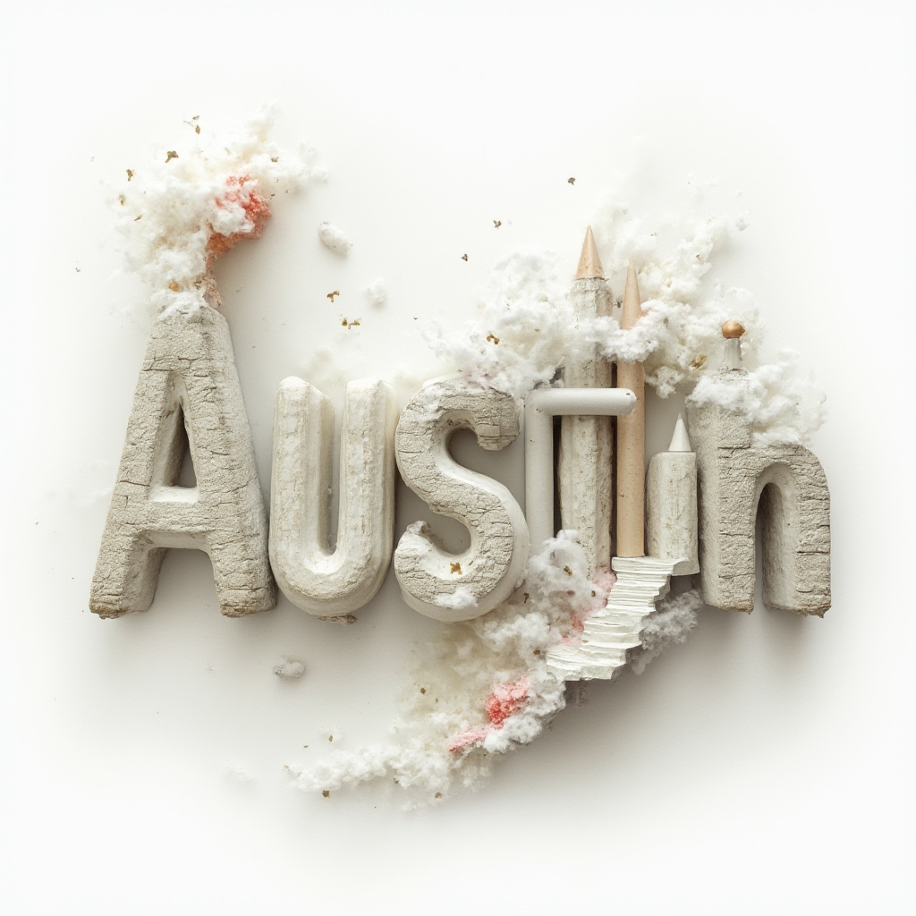 Surreal tattoo concept where the name austin becomes a dreamlike structure of arches, towers, and clouds on white background.