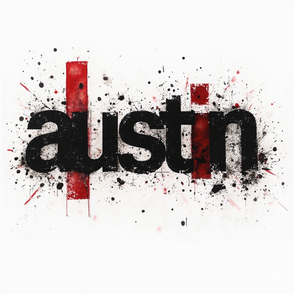 Trash Polka tattoo design of the name austin with bold black lettering, red shapes, and splatters on white background.