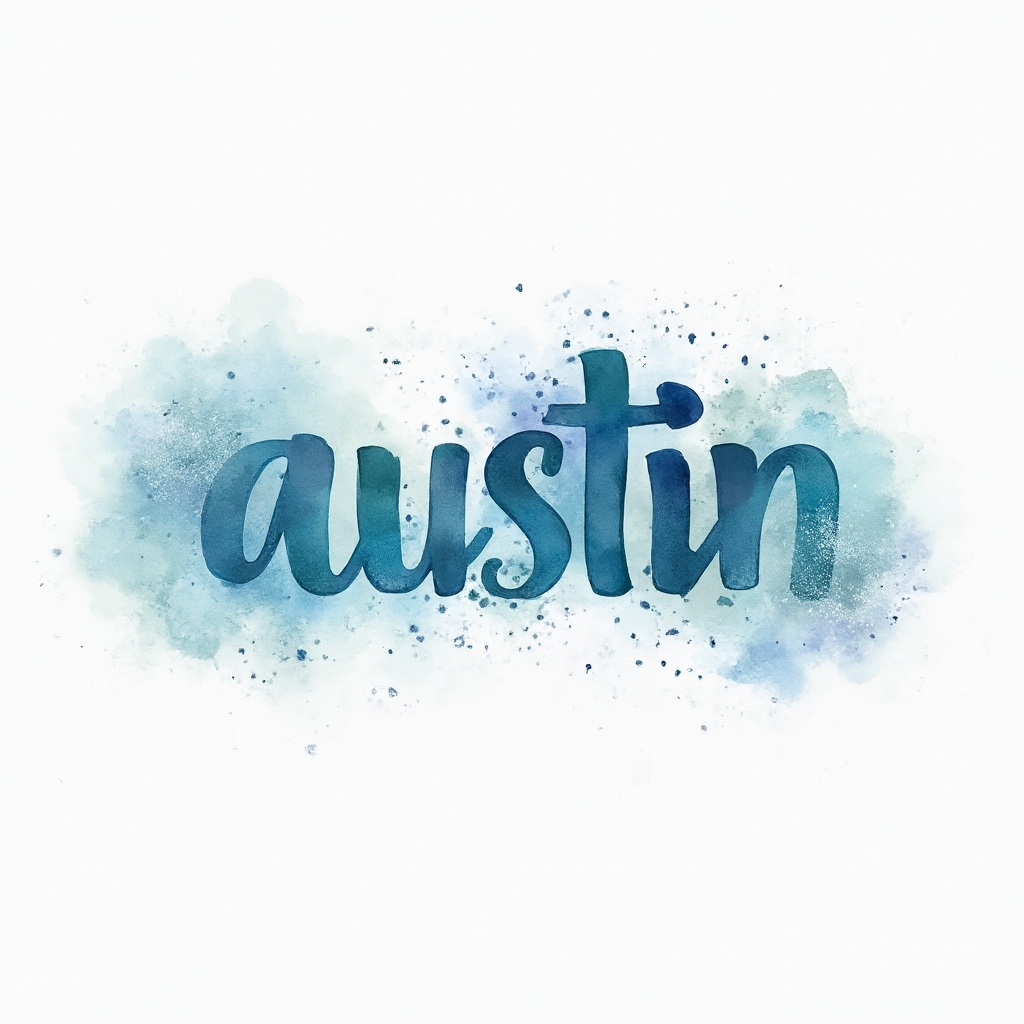 Watercolor calligraphy tattoo concept of the name austin with colorful ink splashes on white background.