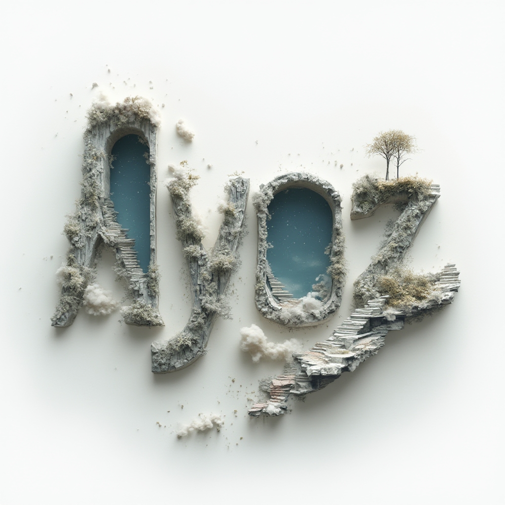 Surreal dreamscape tattoo concept where the letters of ayaz become impossible architectural and floating forms on a white background