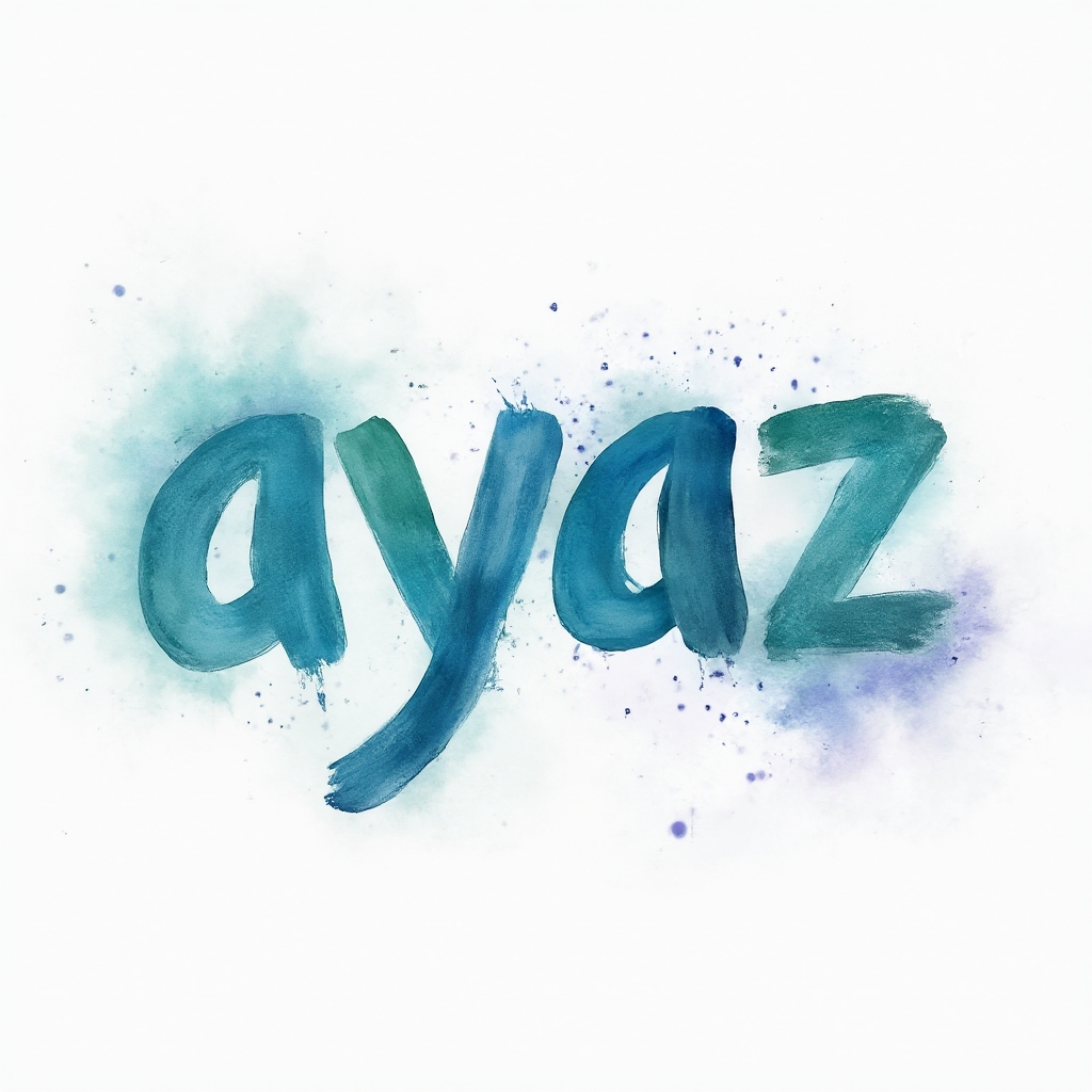 Watercolor splash tattoo concept where the name ayaz is built from fluid painted letters in blue and purple on a white background