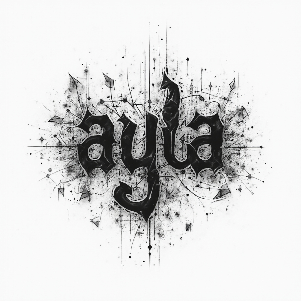 Abstract ornamental blackwork tattoo concept where interlocking shapes form the name ayla on white background