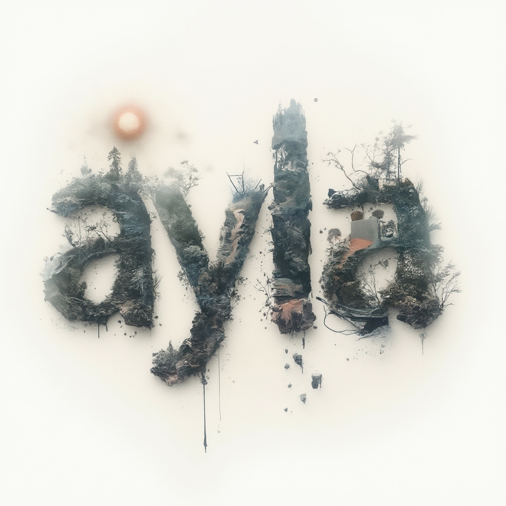 Surreal dreamscape tattoo concept where the name ayla is built from impossible structures on white background
