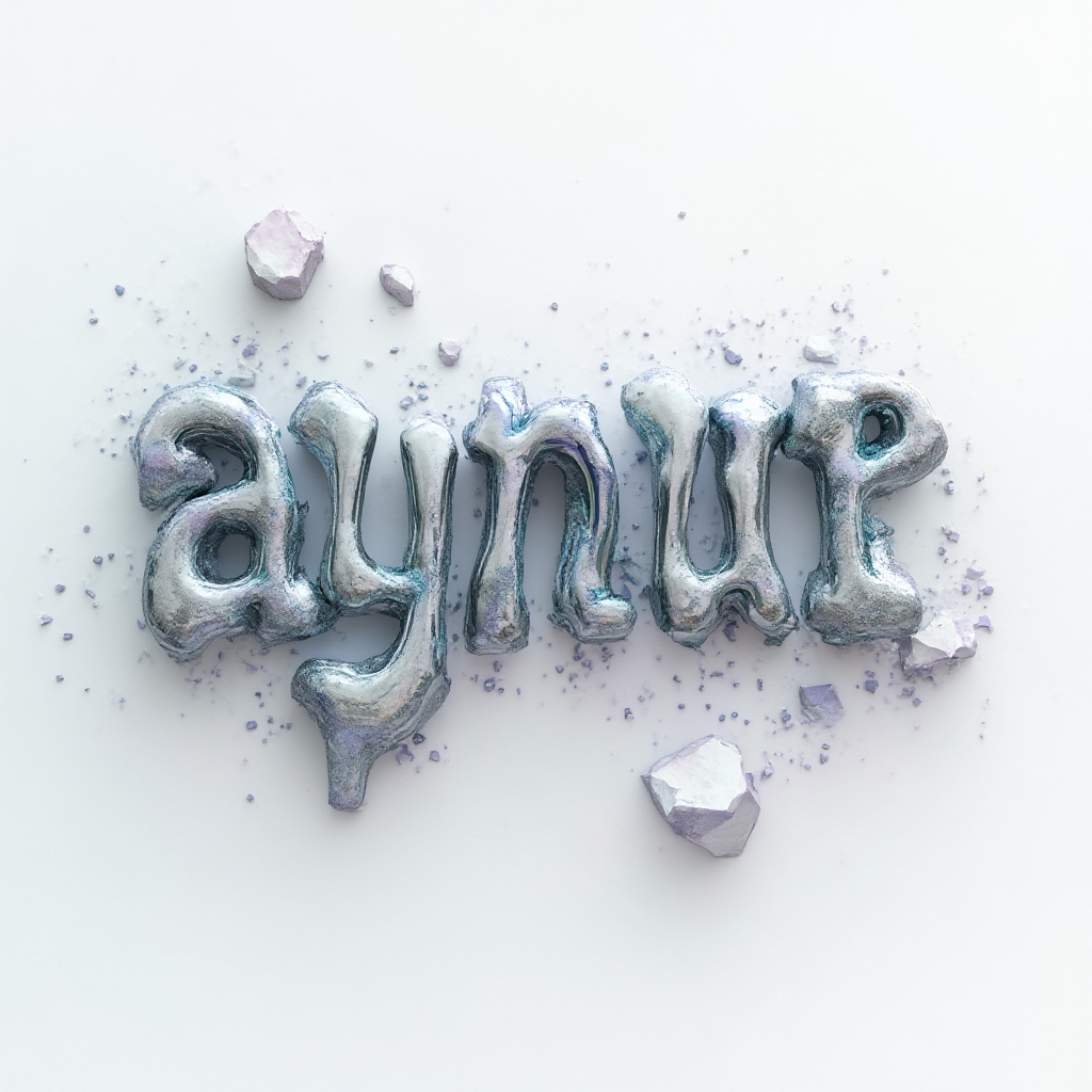 Surreal sculptural rendering of the name aynur with melting, floating letters in a dreamlike space on white background.
