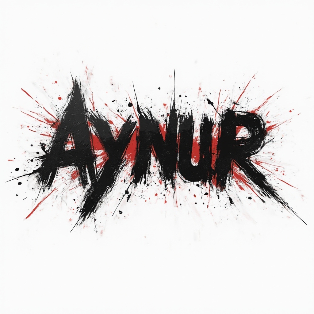 High-contrast Trash Polka-style rendering of the name aynur with distressed black letters and red splashes on white background.
