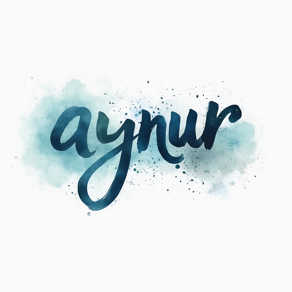 Watercolor-style artistic rendering of the name aynur with flowing brushstroke letters and colorful splashes on a white background.