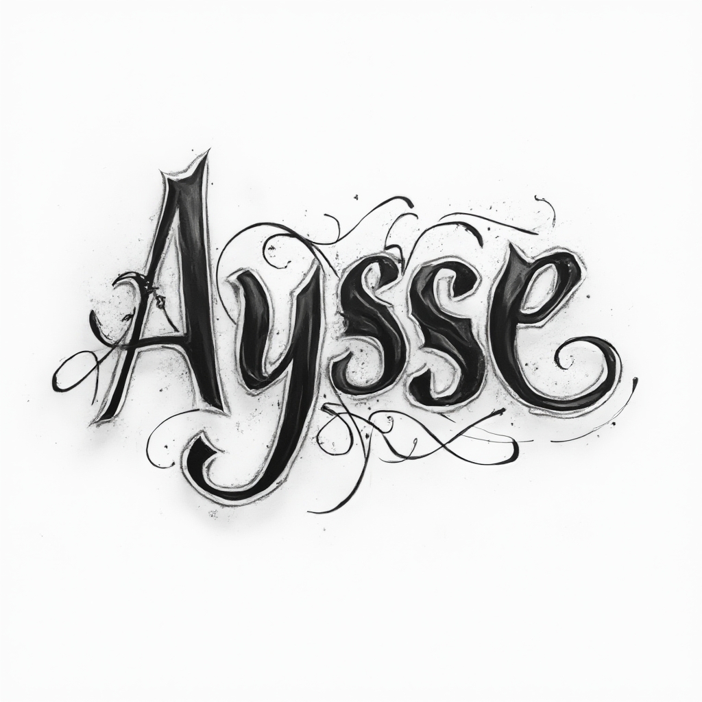 Dimensional monochrome tattoo concept of the name ayse in ornate script on a white background