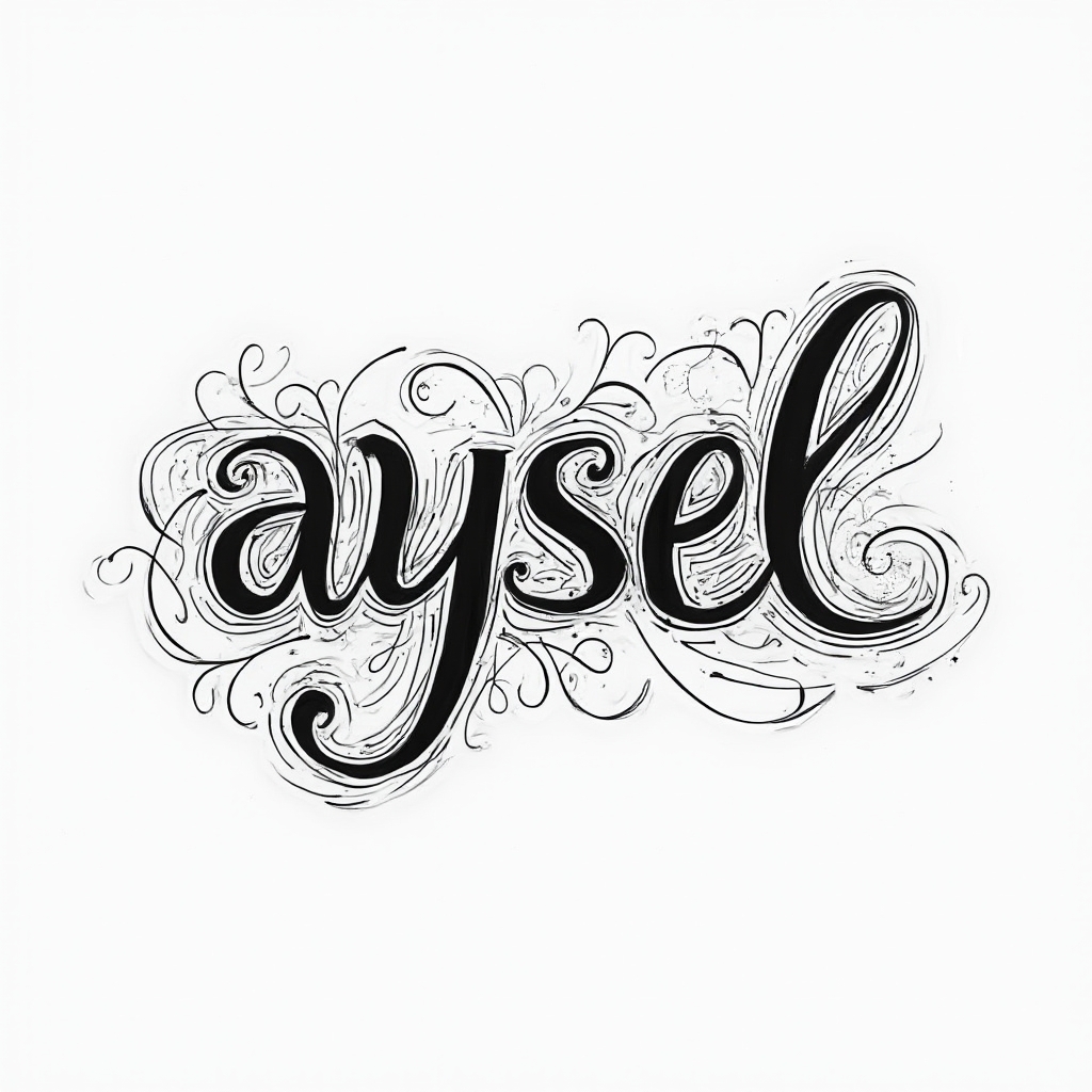 Abstract ornamental line art tattoo concept of the name aysel in flowing black curves on white background