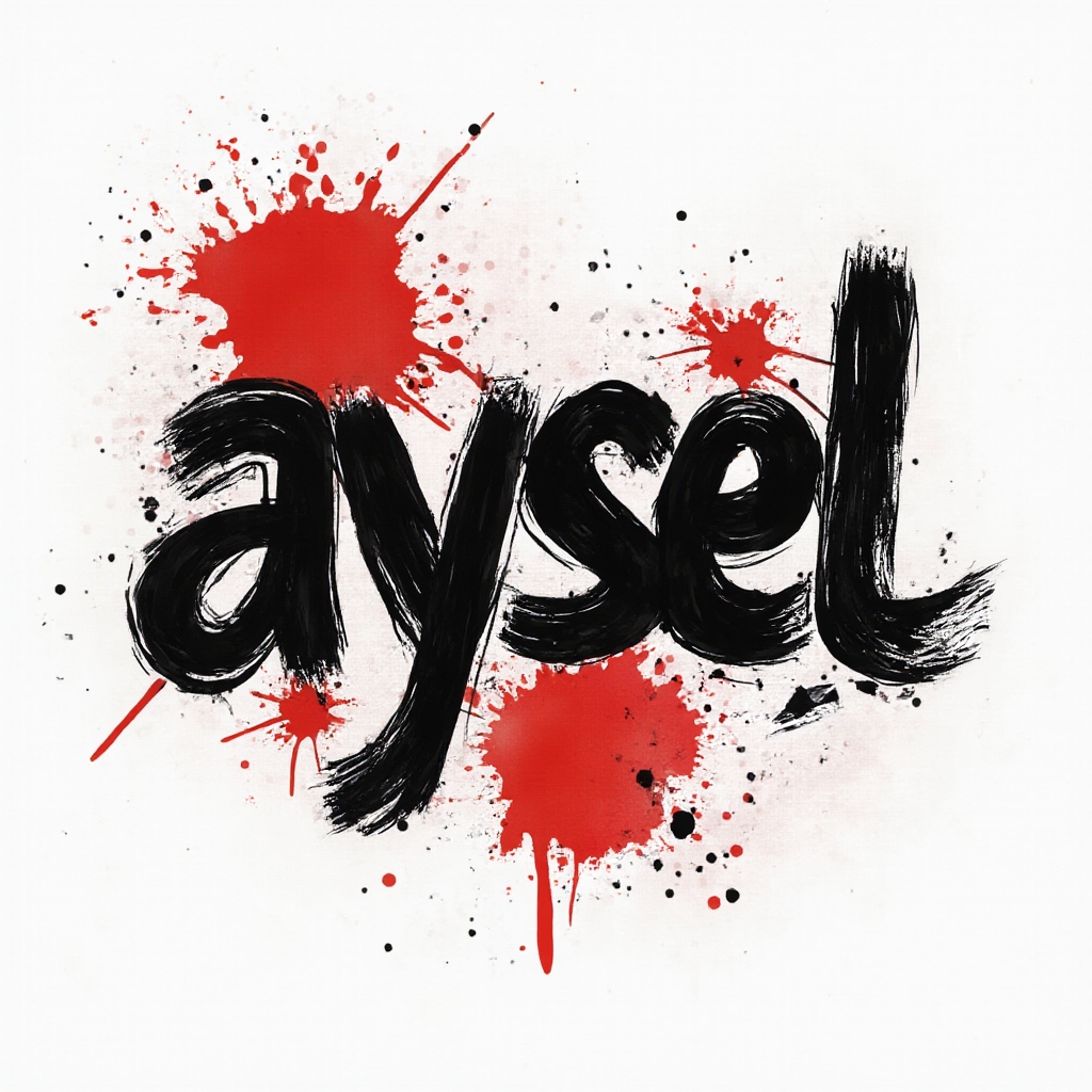 Trash Polka style tattoo concept of the name aysel with bold black brush letters and red splashes on white background