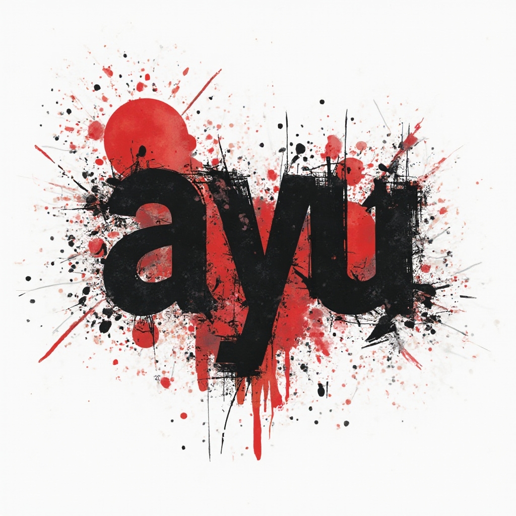 Trash Polka tattoo concept where the name ayu is built from bold black strokes and red splashes on a white background.