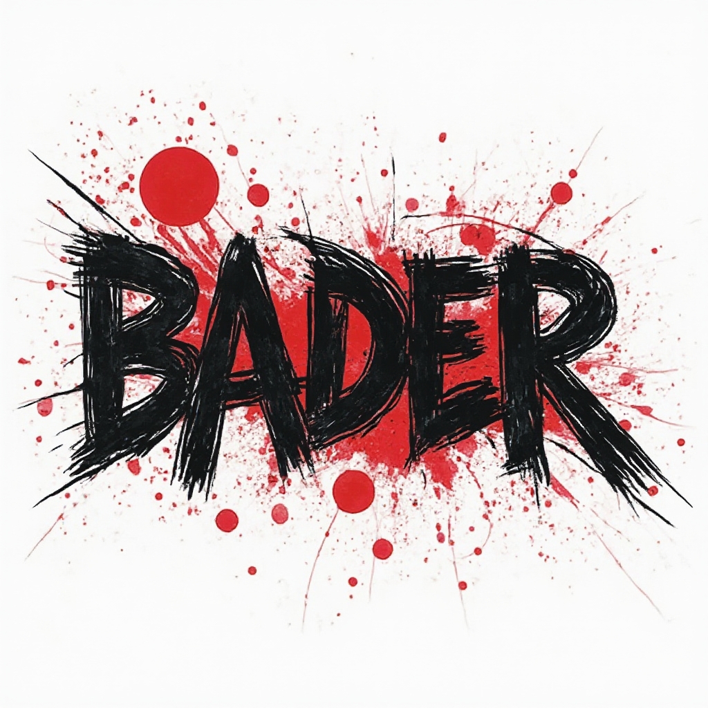Trash Polka tattoo concept of the name bader with bold black and red graphics.