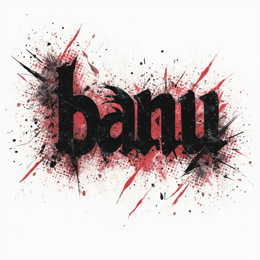 Trash Polka style tattoo design of the name banu in black and red on white