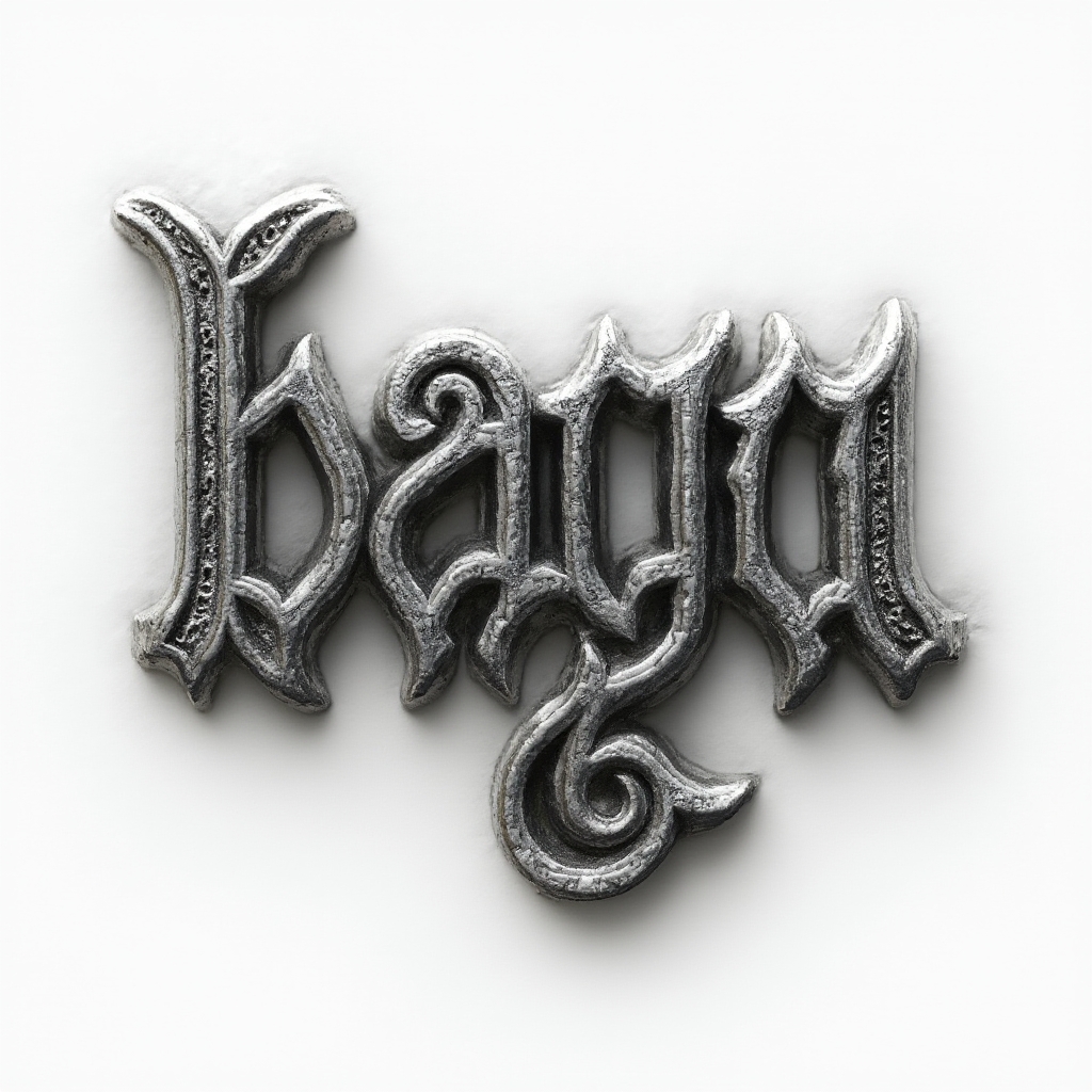 Dimensional tattoo concept where the name bayu is formed from interlocking metallic glyph letters on a white background.