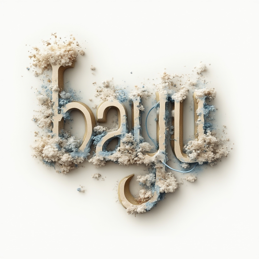 Surreal tattoo artwork where the name bayu is formed from dreamlike stone ribbons and impossible shapes on a white background.