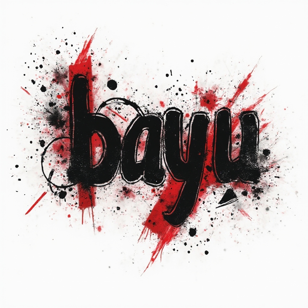 Trash Polka tattoo design where the name bayu is built from distressed black letters, red blocks, and splatters on a white background.