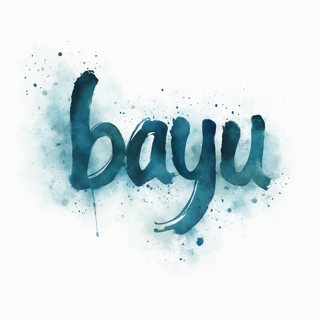 Watercolor tattoo concept where the name bayu is formed from flowing blue and teal brushstroke letters on a white background.